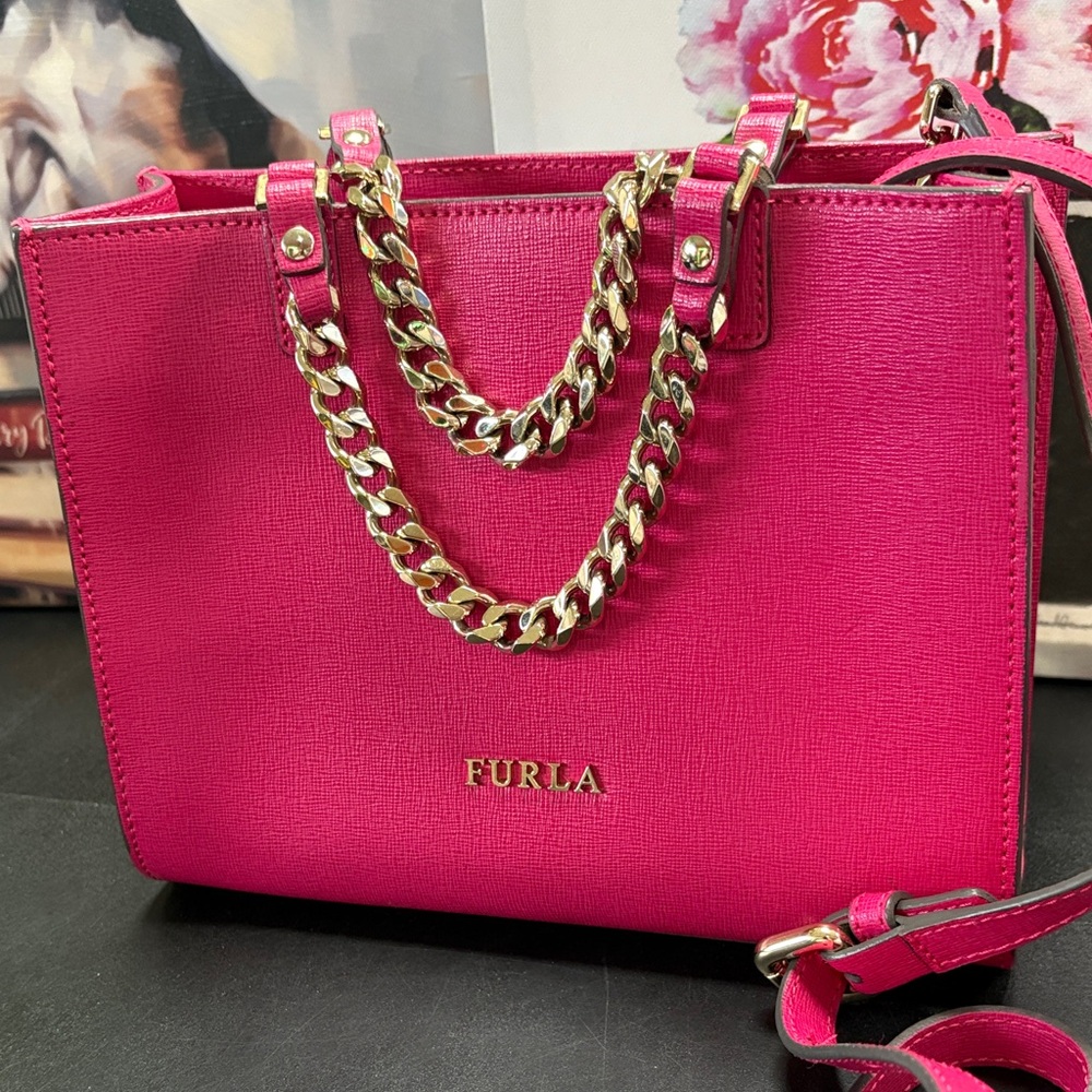 Furla Hot Pink Saffiano Leather Tote with Gold Chain - Picture 2 of 12